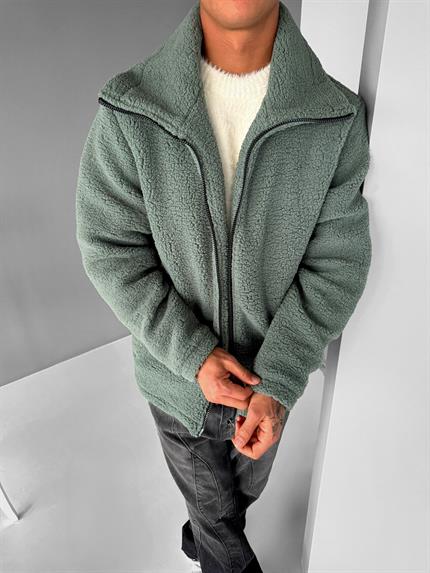 Erkek Oversize Dik Yaka Peluş Ceket Haki Yeşil