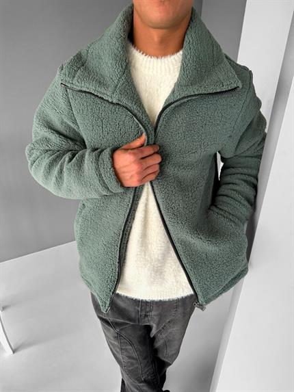 Erkek Oversize Dik Yaka Peluş Ceket Haki Yeşil