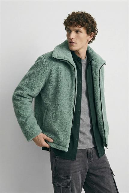 Erkek Oversize Dik Yaka Peluş Ceket Haki Yeşil