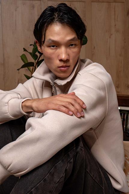 Erkek Oversize Dik Yaka Yarım Fermuarlı Sweatshirt Bej