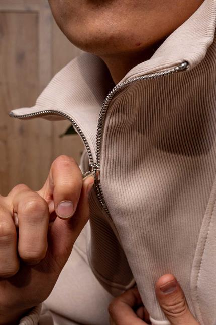 Erkek Oversize Dik Yaka Yarım Fermuarlı Sweatshirt Bej