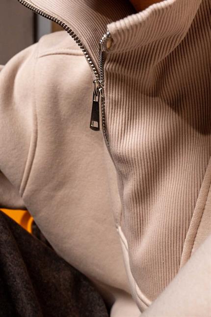 Erkek Oversize Dik Yaka Yarım Fermuarlı Sweatshirt Bej
