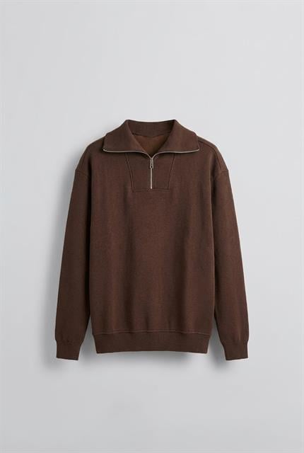 Erkek Oversize Dik Yaka Yarım Fermuarlı Sweatshirt Kahve