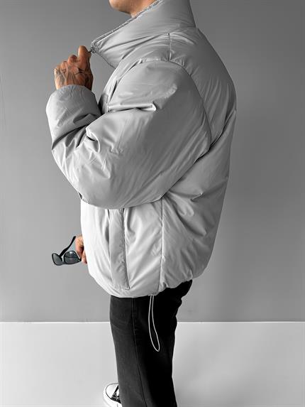 Erkek Oversize Dik Yakalı Fermuarlı Cepli Mont Gri