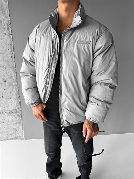 Erkek Oversize Dik Yakalı Fermuarlı Cepli Mont Gri
