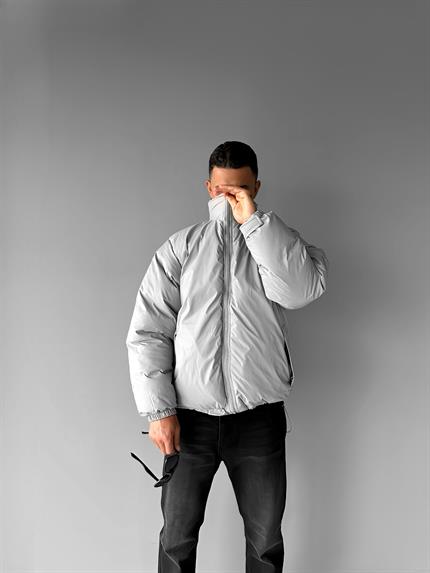 Erkek Oversize Dik Yakalı Fermuarlı Cepli Mont Gri