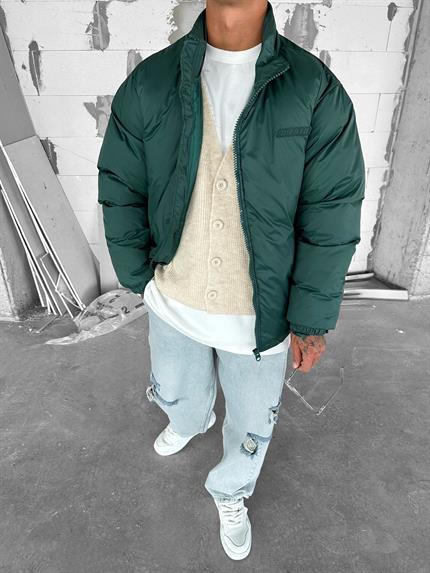Erkek Oversize Dik Yakalı Fermuarlı Cepli Mont Yeşil