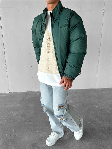 Erkek Oversize Dik Yakalı Fermuarlı Cepli Mont Yeşil