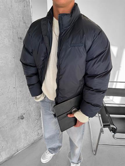 Erkek Oversize Dik Yakalı Fermuarlı Cepli Mont Lacivert