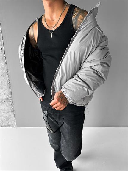 Erkek Oversize Dik Yakalı Fermuarlı Cepli Mont Gri