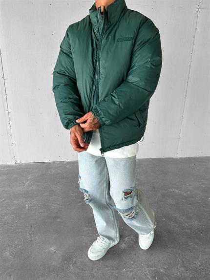 Erkek Oversize Dik Yakalı Fermuarlı Cepli Mont Yeşil