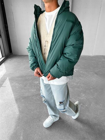 Erkek Oversize Dik Yakalı Fermuarlı Cepli Mont Yeşil