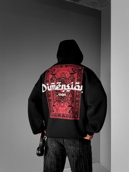Erkek Oversize Sırt Baskılı Kapüşonlu Sweatshirt Siyah Kırmızı
