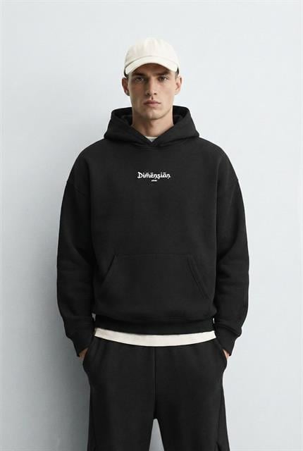 Unisex Oversize Kabartma Baskılı Premium Kapüşonlu Sweatshirt Siyah Saks Mavi