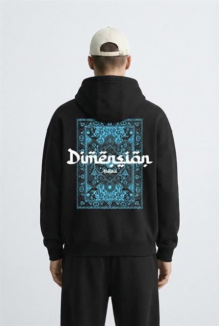 Unisex Oversize Kabartma Baskılı Premium Kapüşonlu Sweatshirt Siyah Saks Mavi