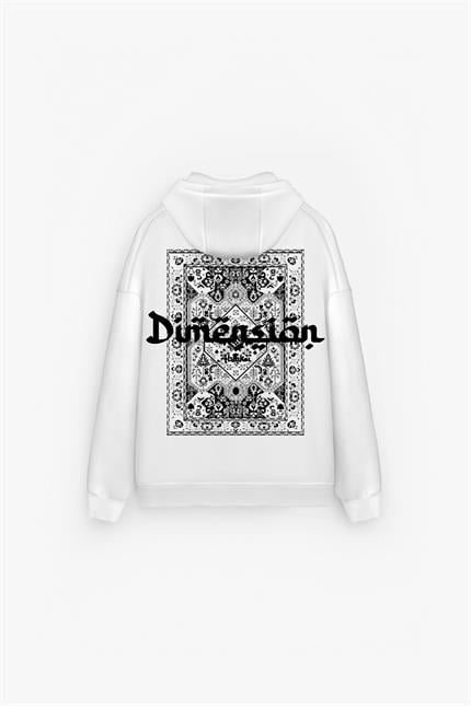 Erkek Oversize Dimension Baskılı Premium Kapüşonlu Sweatshirt Ekru Siyah