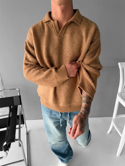 Erkek Oversize Dokulu Kazak Açık Kahve