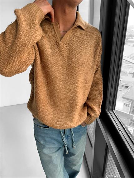 Erkek Oversize Dokulu Kazak Açık Kahve