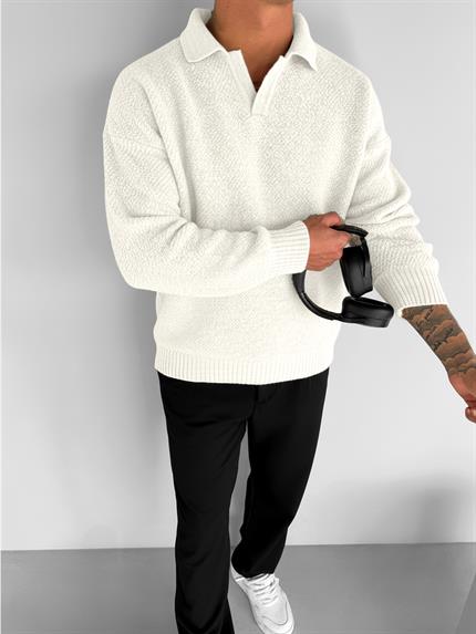 Erkek Oversize Dokulu Kazak Beyaz