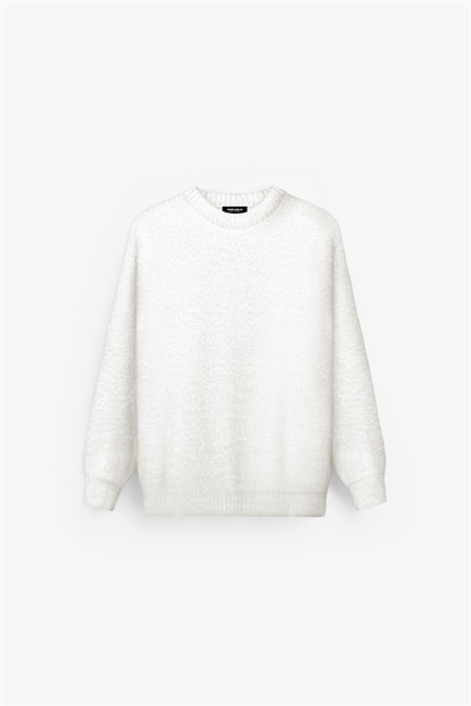 Erkek Oversize Dokulu Kazak Ekru