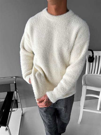 Erkek Oversize Dokulu Kazak Ekru