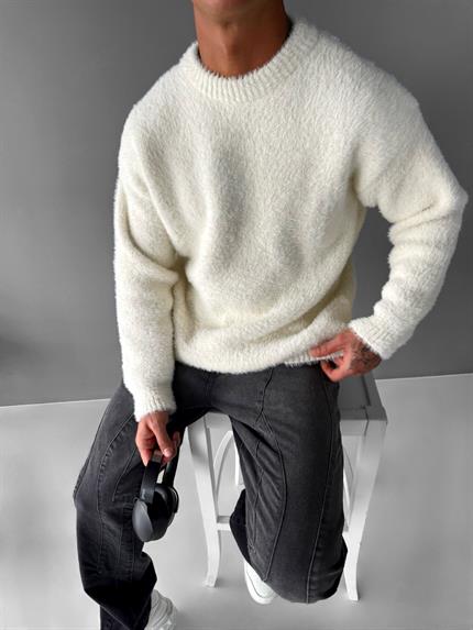 Erkek Oversize Dokulu Kazak Ekru