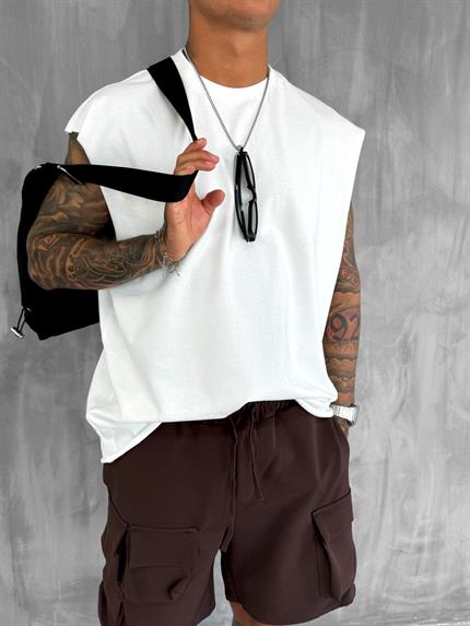 Erkek Oversize Dokulu Yuvarlak Yaka Kolsuz T-Shirt Beyaz