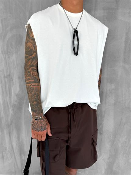 Erkek Oversize Dokulu Yuvarlak Yaka Kolsuz T-Shirt Beyaz