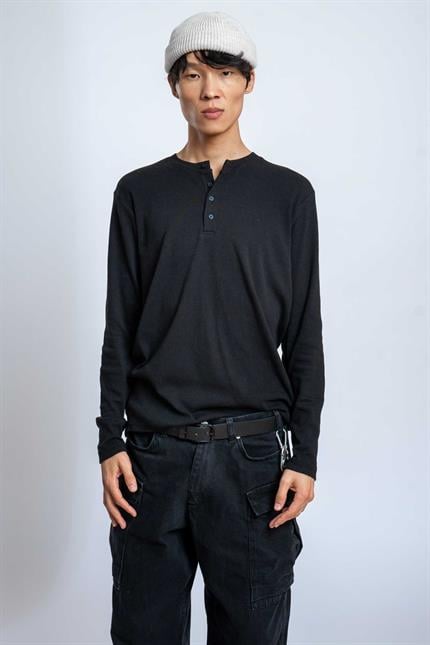 Erkek Oversize Düğmeli Basic Uzun Kollu T-shirt Siyah