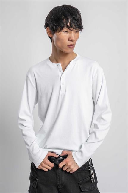 Erkek Oversize Düğmeli Basic Uzun Kollu T-shirt Ekru