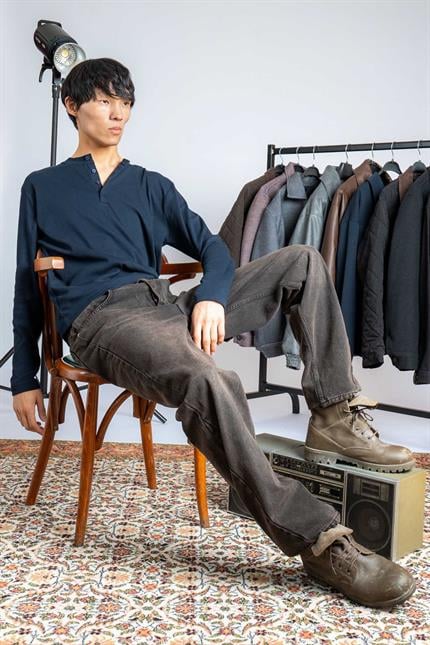 Erkek Oversize Düğmeli Basic Uzun Kollu T-shirt Lacivert