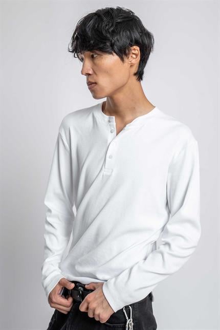 Erkek Oversize Düğmeli Basic Uzun Kollu T-shirt Ekru