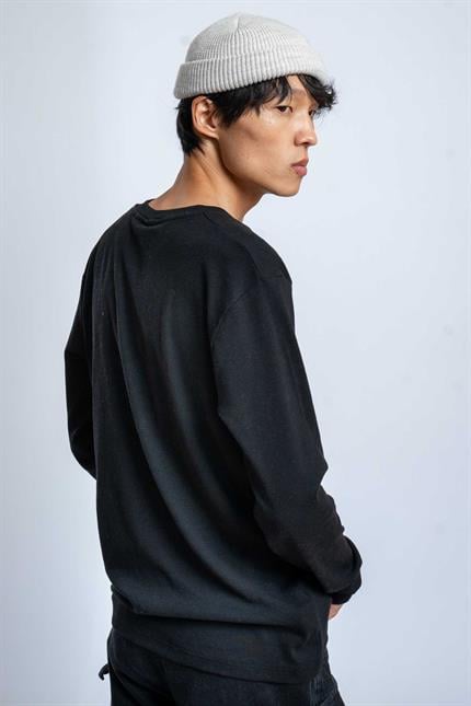 Erkek Oversize Düğmeli Basic Uzun Kollu T-shirt Siyah