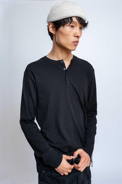 Erkek Oversize Düğmeli Basic Uzun Kollu T-shirt Siyah