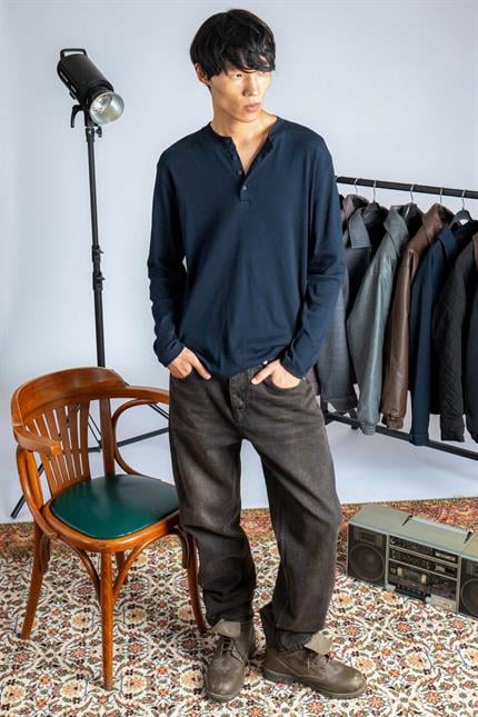 Erkek Oversize Düğmeli Basic Uzun Kollu T-shirt Lacivert