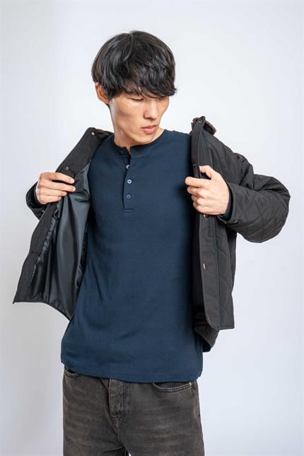 Erkek Oversize Düğmeli Basic Uzun Kollu T-shirt Lacivert