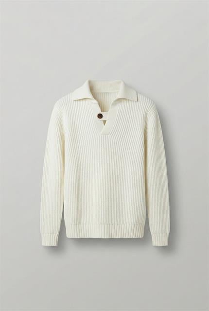 Erkek Oversize Düğmeli Çizgili Kazak Ekru