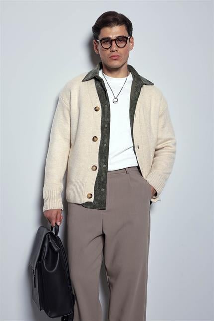 Erkek Oversize Düğmeli Hırka Bej