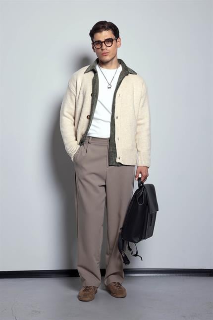 Erkek Oversize Düğmeli Hırka Bej