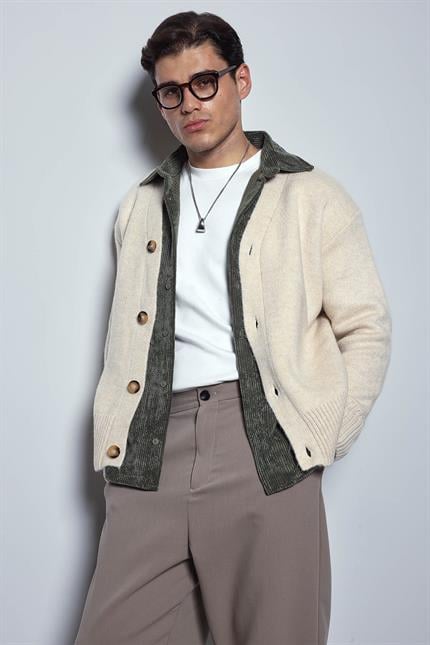 Erkek Oversize Düğmeli Hırka Bej