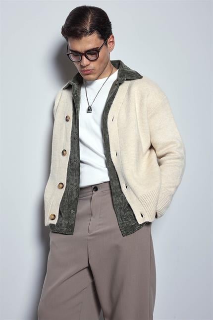 Erkek Oversize Düğmeli Hırka Bej