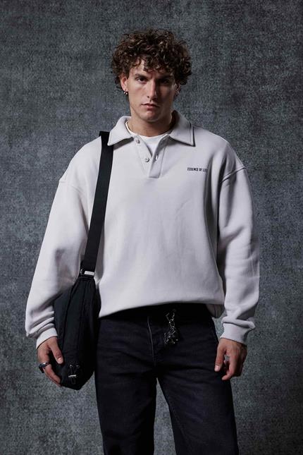 Erkek Oversize Düğmeli Polo Yaka Sweatshirt Gri
