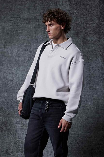 Erkek Oversize Düğmeli Polo Yaka Sweatshirt Gri