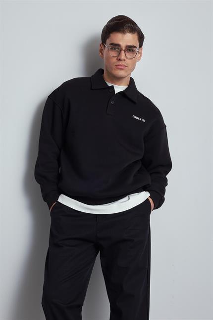 Erkek Oversize Düğmeli Polo Yaka Sweatshirt Siyah