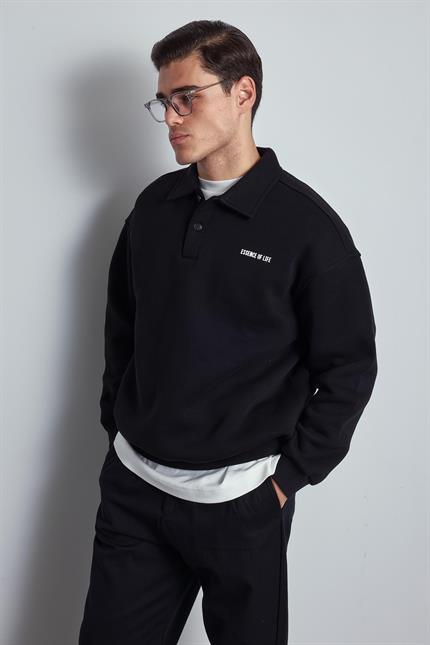 Erkek Oversize Düğmeli Polo Yaka Sweatshirt Siyah