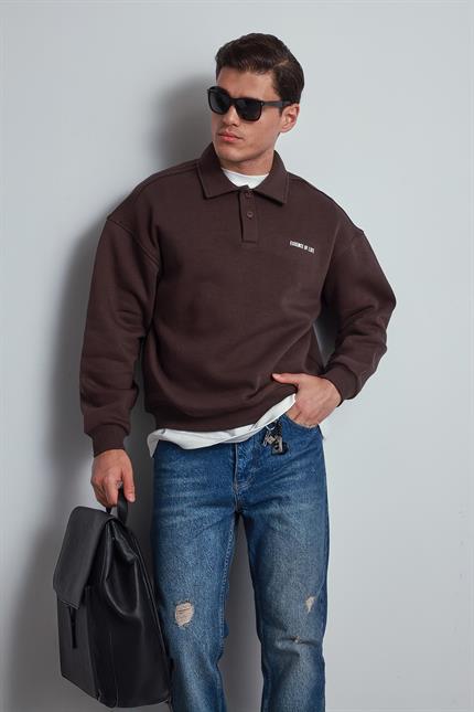 Erkek Oversize Düğmeli Polo Yaka Sweatshirt Kahverengi