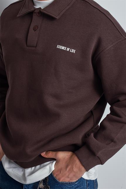 Erkek Oversize Düğmeli Polo Yaka Sweatshirt Kahverengi
