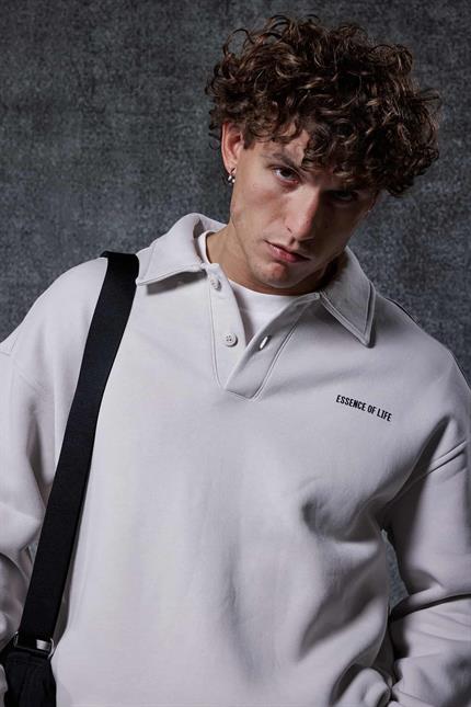Erkek Oversize Düğmeli Polo Yaka Sweatshirt Gri