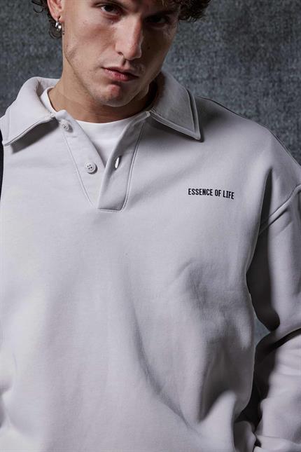Erkek Oversize Düğmeli Polo Yaka Sweatshirt Gri