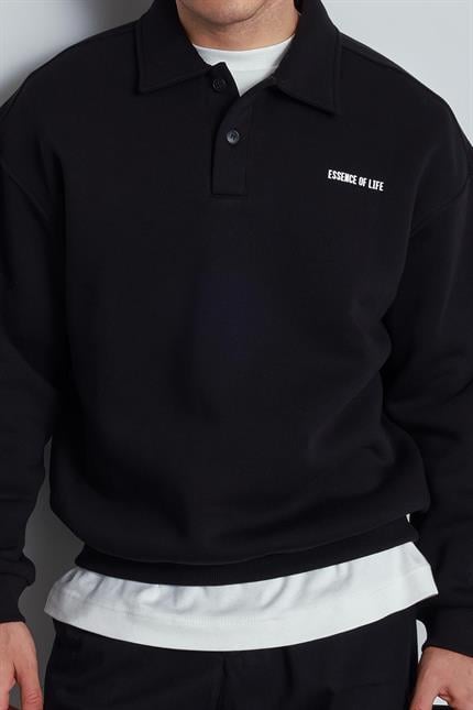 Erkek Oversize Düğmeli Polo Yaka Sweatshirt Siyah